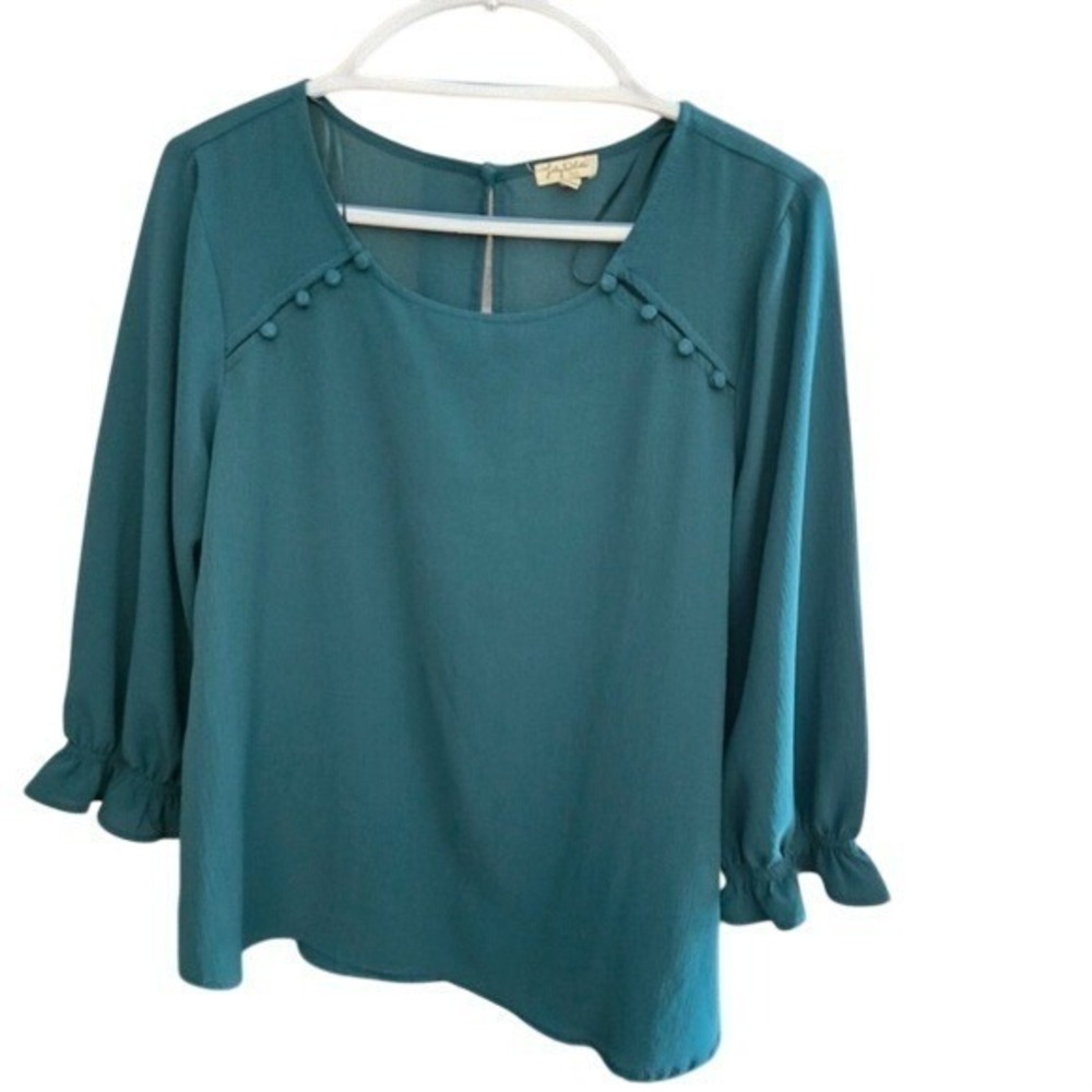 Lily White Teal Square Neck Button Detail Ruffle Sleeve Blouse Top L
